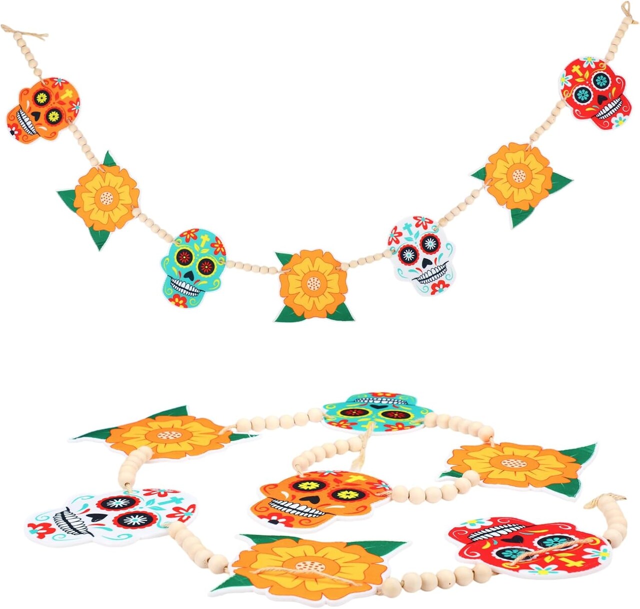 Day of The Dead Decoration Felt Sugar Skull Marigold Flowers Banner (	Orange)